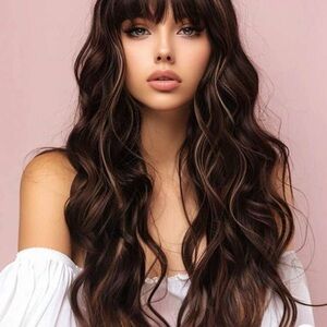 BESTUNG Brown Highlight Wig With Bangs Long Wavy Wig